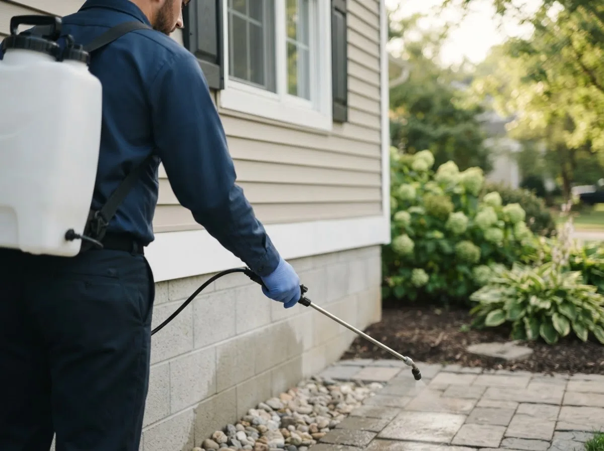 Pest control technician inspecting a home in Caledonia, OH